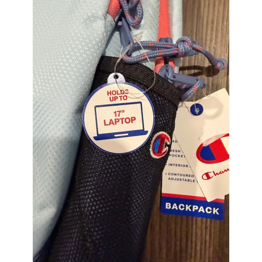 Champion Light Blue Backpack 17in Laptop Sleeve Reflective Padded Bottle Pockets